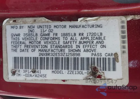 2003 Toyota Corolla Ce from USA, damaged, VIN 1NXBR32E53Z125898